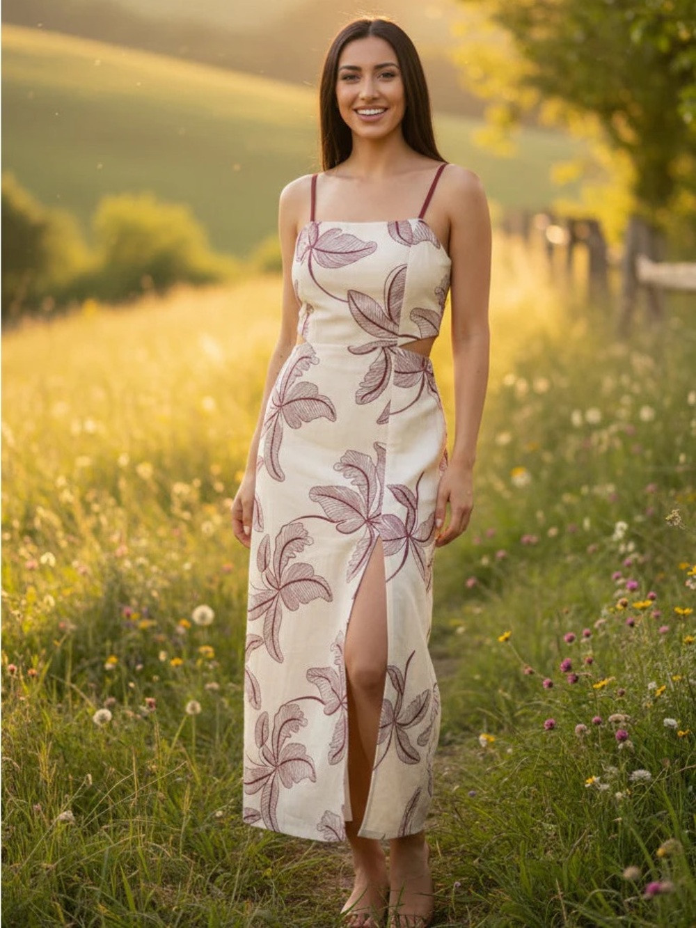 Zara Cream Midi Dress with Mauve Floral Print